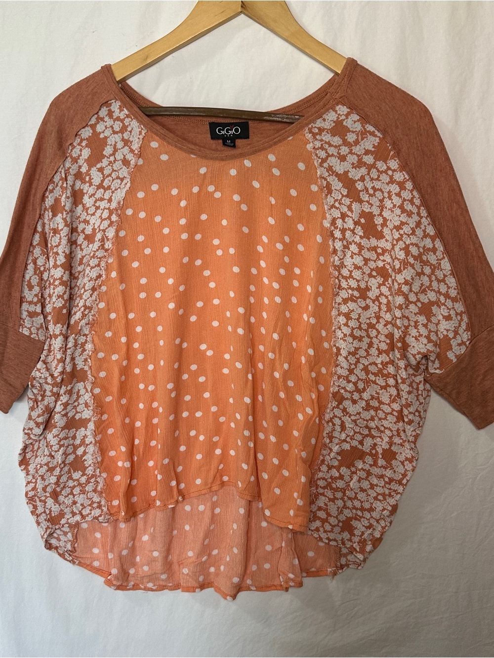 GiGiO Women's Orange Polka Dot & Floral Raglan Blouse - Lightweight Casual Top